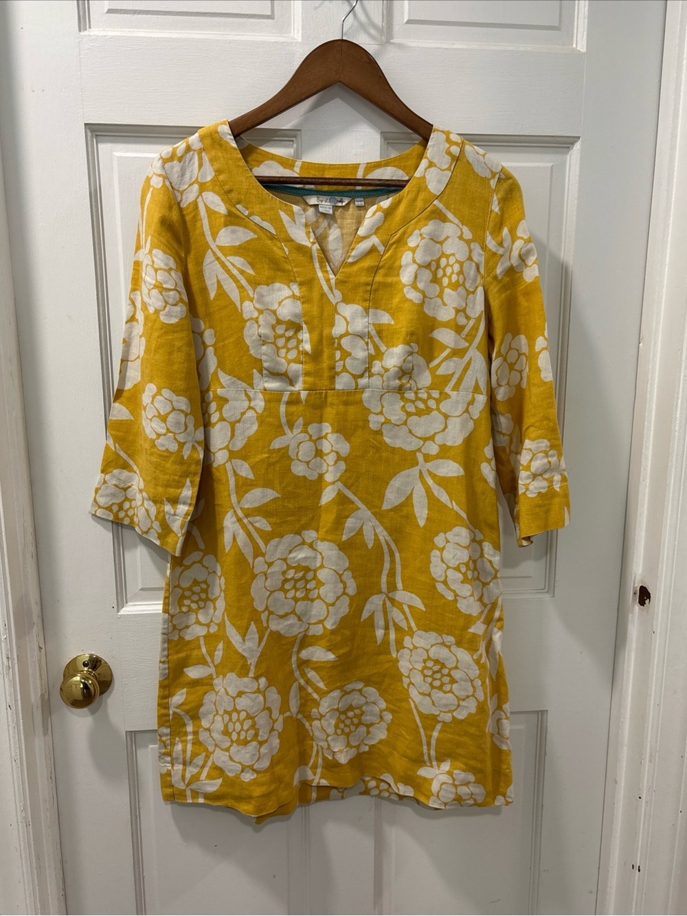 Boden Women’s 100% Linen Shift Dress Size 6R Yellow/White Floral Resortwear
